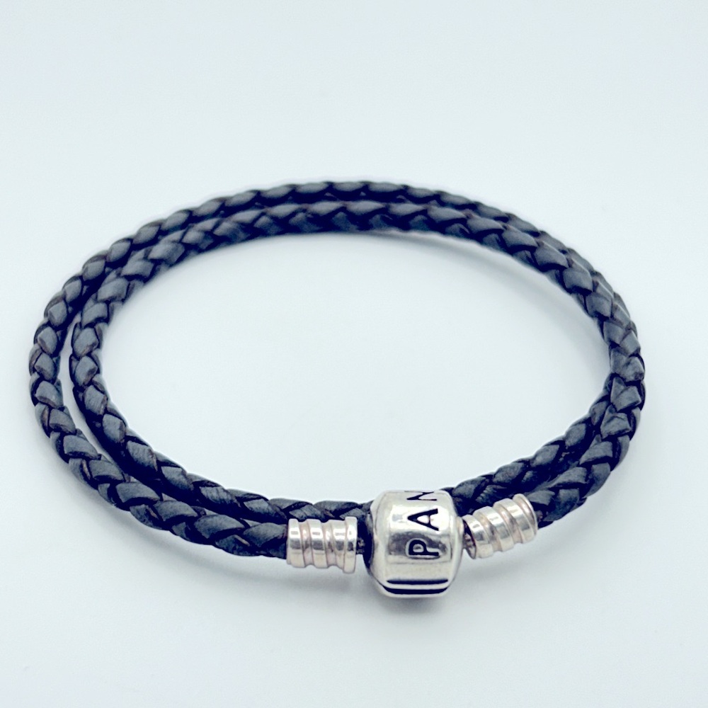 Genuine PANDORA Moments Double Wrap Black Leather Bracelet; 13.5 inches long